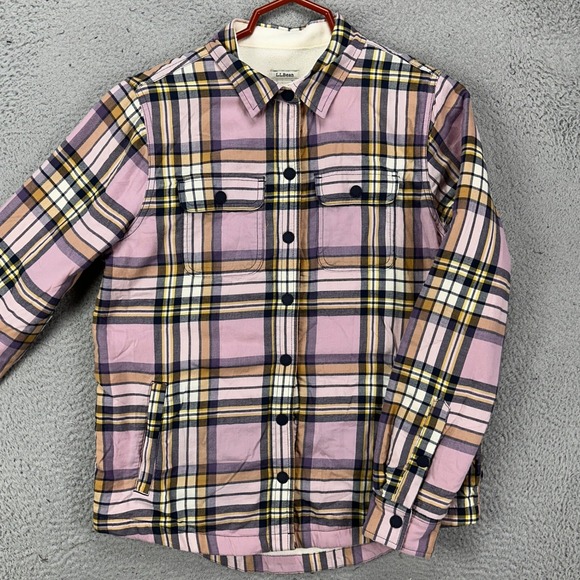 L.L.Bean Other - L.L. Bean Shacket Mens XS‎ Pink Blue Plaid Fleece Lined Flap Pocket Shirt Jacket